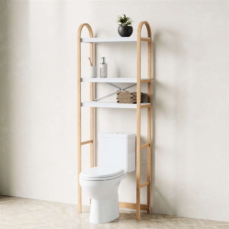 Storage * | Umbra Bellwood 10.3-In D X 24-In W X 66-In H 3-Tier White And Natural Wood Over The Toilet Shelf