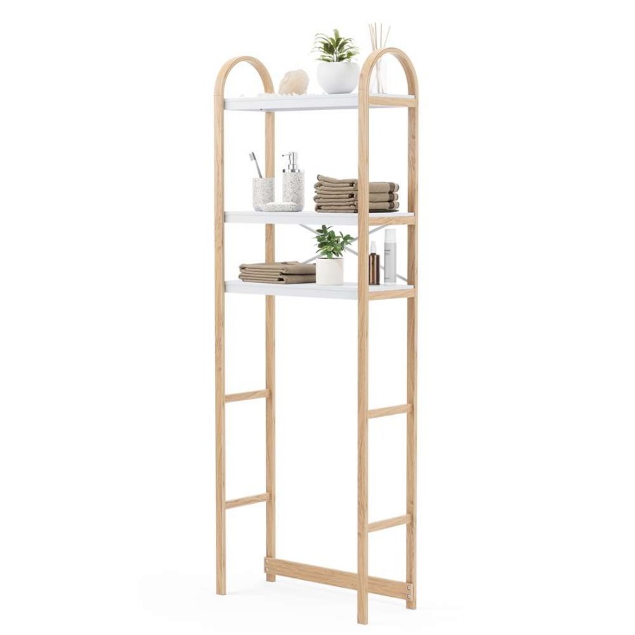 Storage * | Umbra Bellwood 10.3-In D X 24-In W X 66-In H 3-Tier White And Natural Wood Over The Toilet Shelf