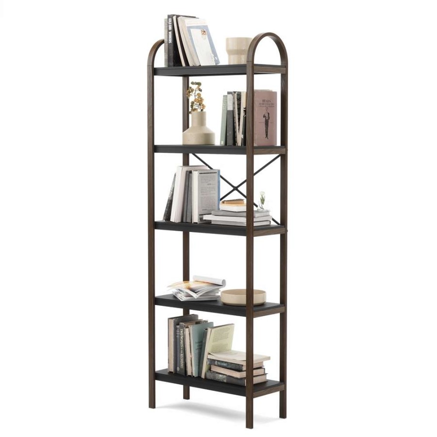 Storage * | Umbra Bellwood 10.15-In D X 24-In W X 66.77-In H 5-Tier Black And Walnut Wood Freestanding Shelf